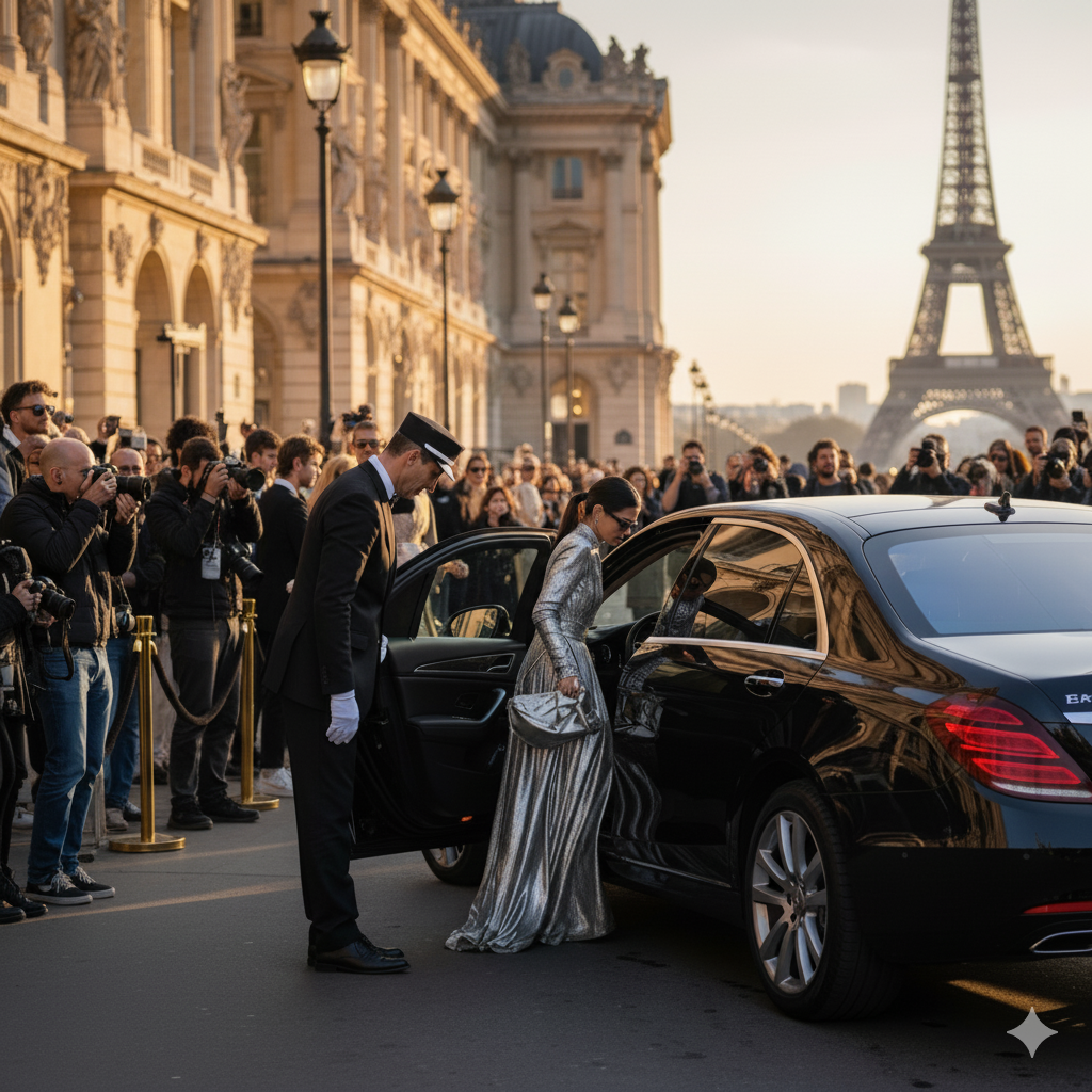Taxi Fashion Week Paris – véhicule premium devant lieu de défilé